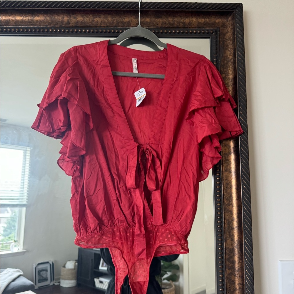 Free People Red Ruffle Bodysuit Top